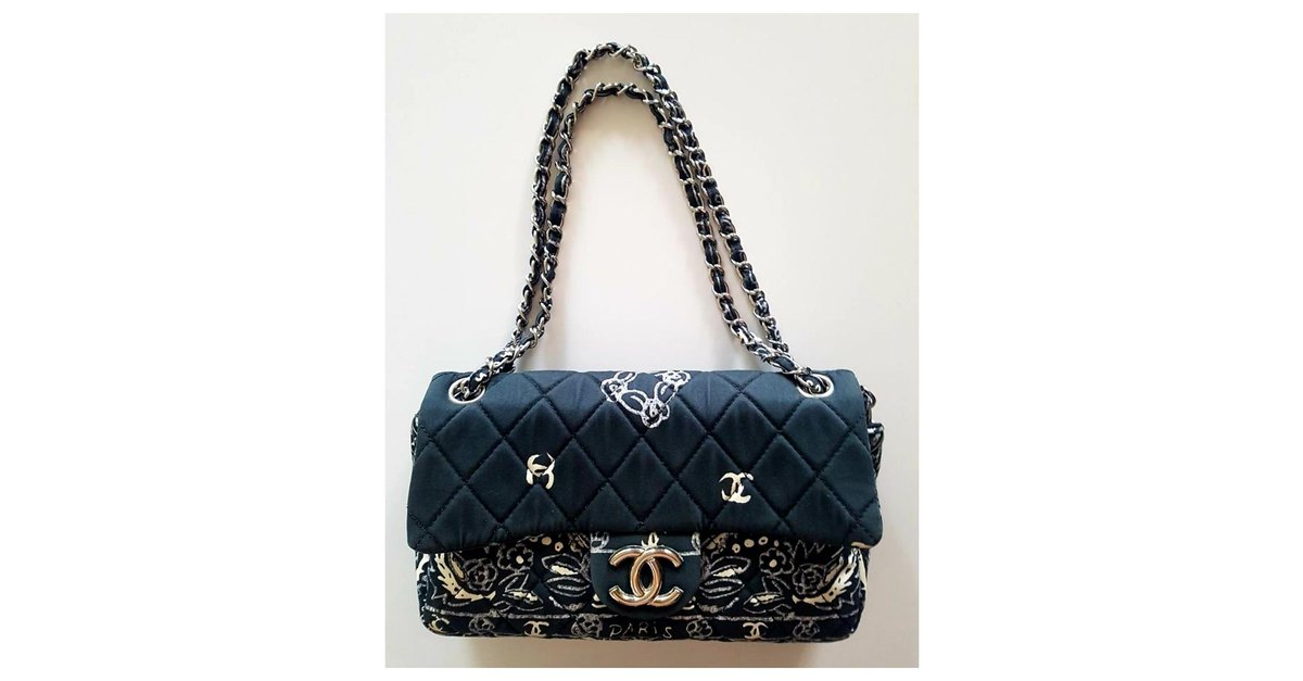 Chanel Paris-Dallas Bandana Medium Blue Beige Quilted Classic Flap Canvas  Bag 