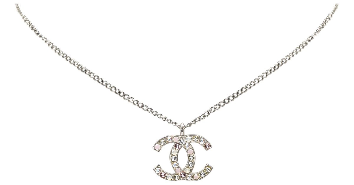 Chanel Silver CC Rhinestone Pendant Necklace Silvery Multiple