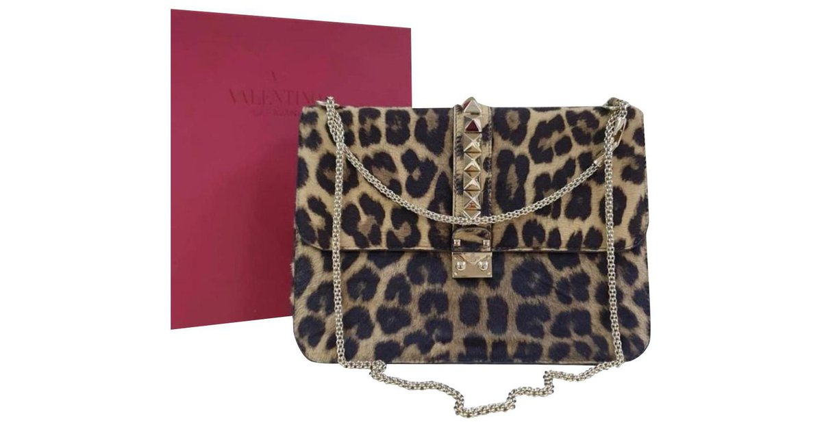 Valentino Brown Calf Hair Leopard Glam Lock Medium Shoulder Bag