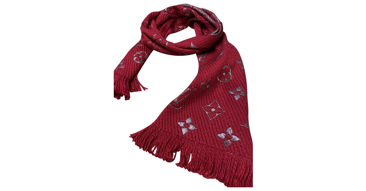 LOUIS VUITTON Winter Scarf Logo Mania Monogram Wool Silk Red Italy