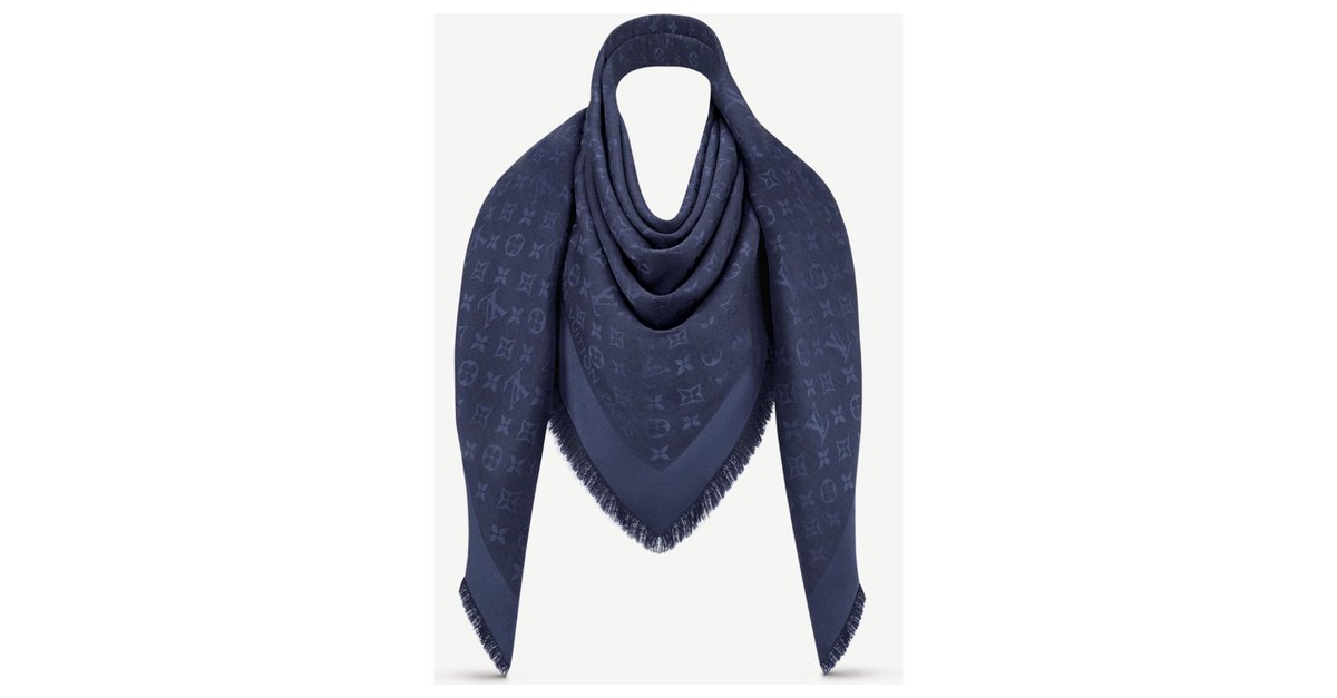Louis Vuitton M72412 Silk Wool Scarf Monogram Bleu Nuit Used from