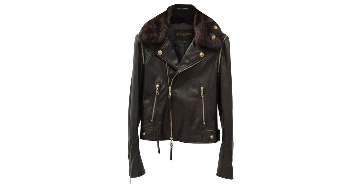 Louis Vuitton Brown Leather Mink Collar Biker Jacket For Sale at