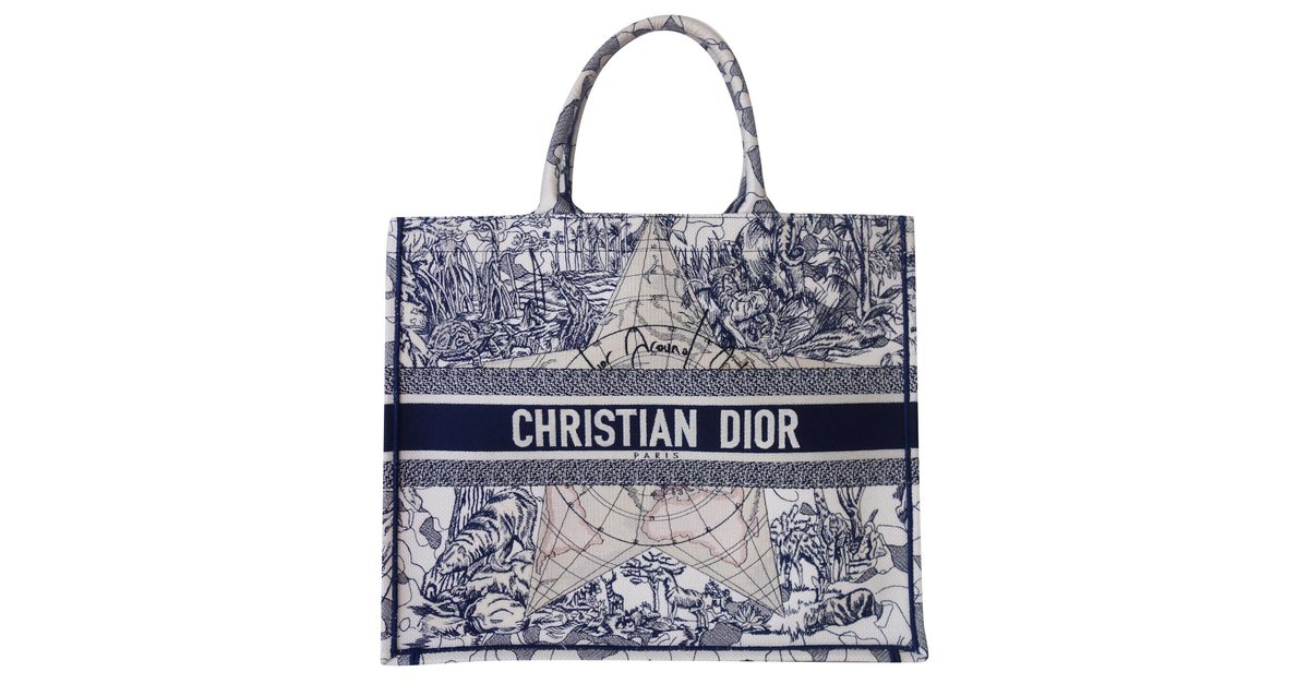 Dior Book Tote Around the world White Navy blue Cloth ref.246641 Joli Closet