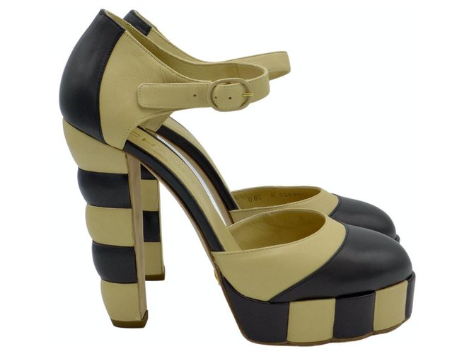 Chanel Color block platform sandals Black Beige Leather