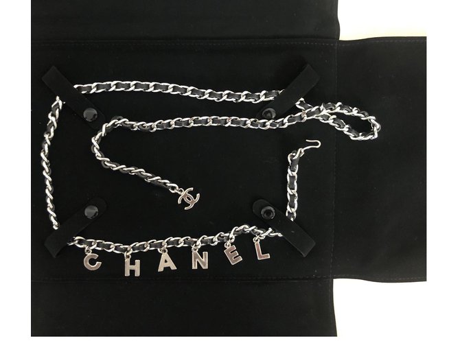 Chanel belt in chain and black leather Hazelnut Joli