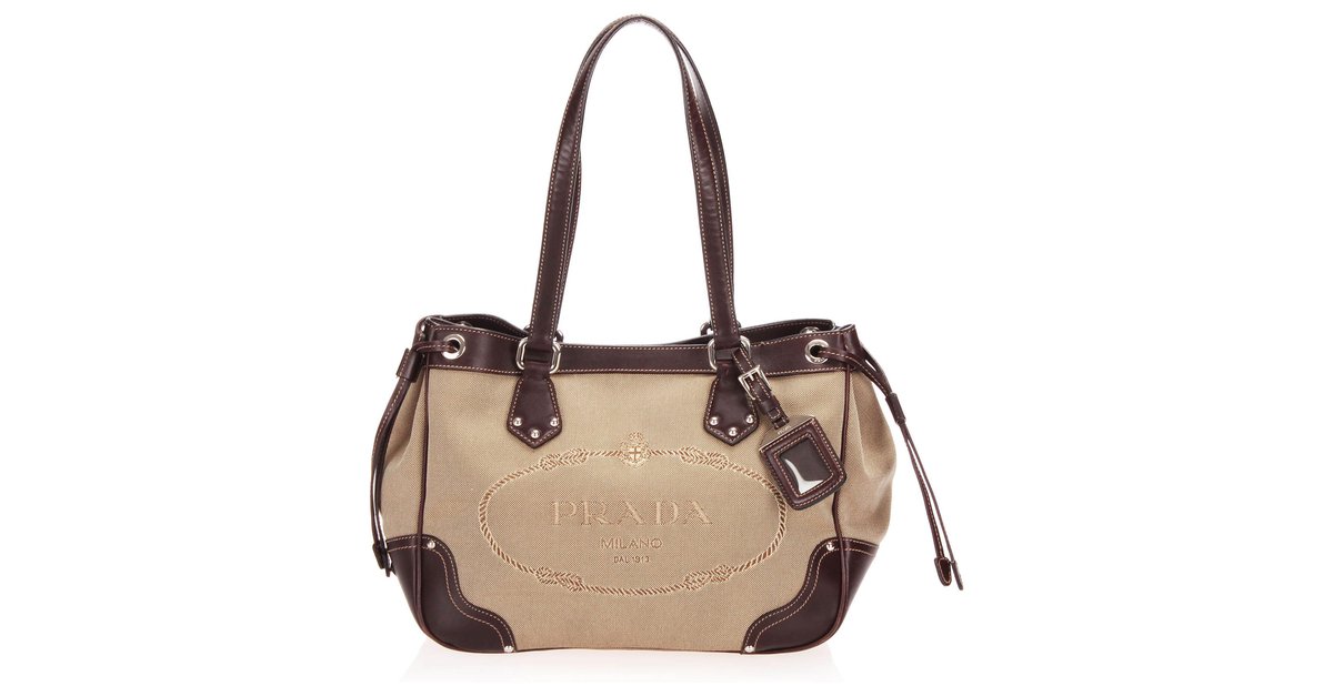 Prada Brown Canapa Canvas Crossbody Bag Beige Leather Cloth Pony-style  calfskin Cloth ref.310188 - Joli Closet