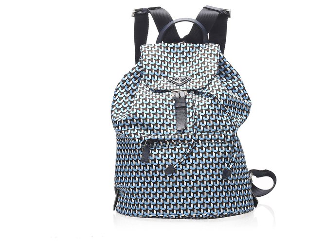 Prada Blue Tessuto Stampato Drawstring Backpack Leather Pony-style