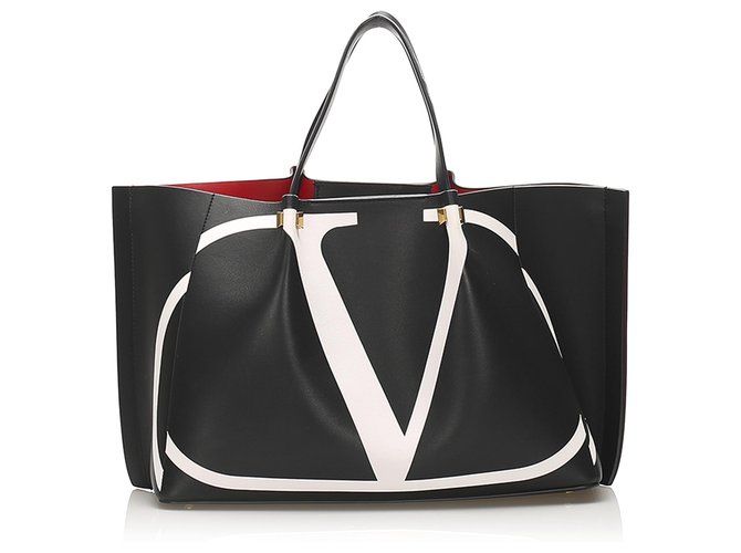 関税送料込Valentino Logo Tote Bag Valentino Black V-logo Leather Tote Bag White Pony-style