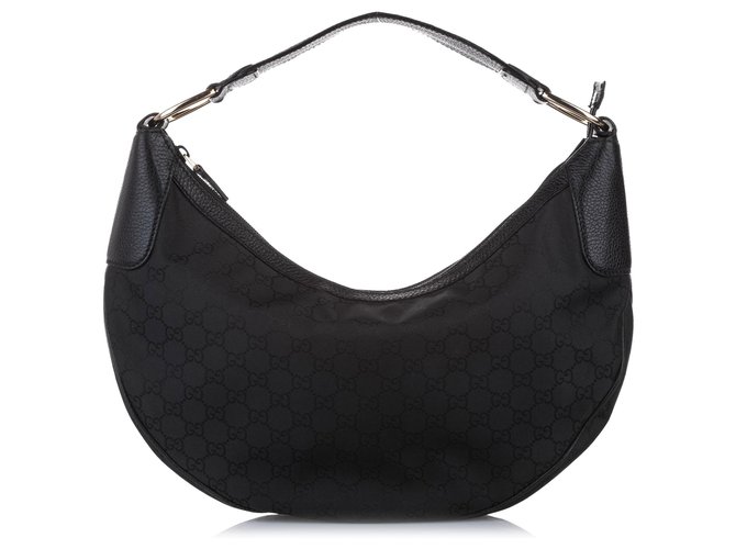 Gucci Black GG Nylon Hobo Bag Leather Pony-style calfskin