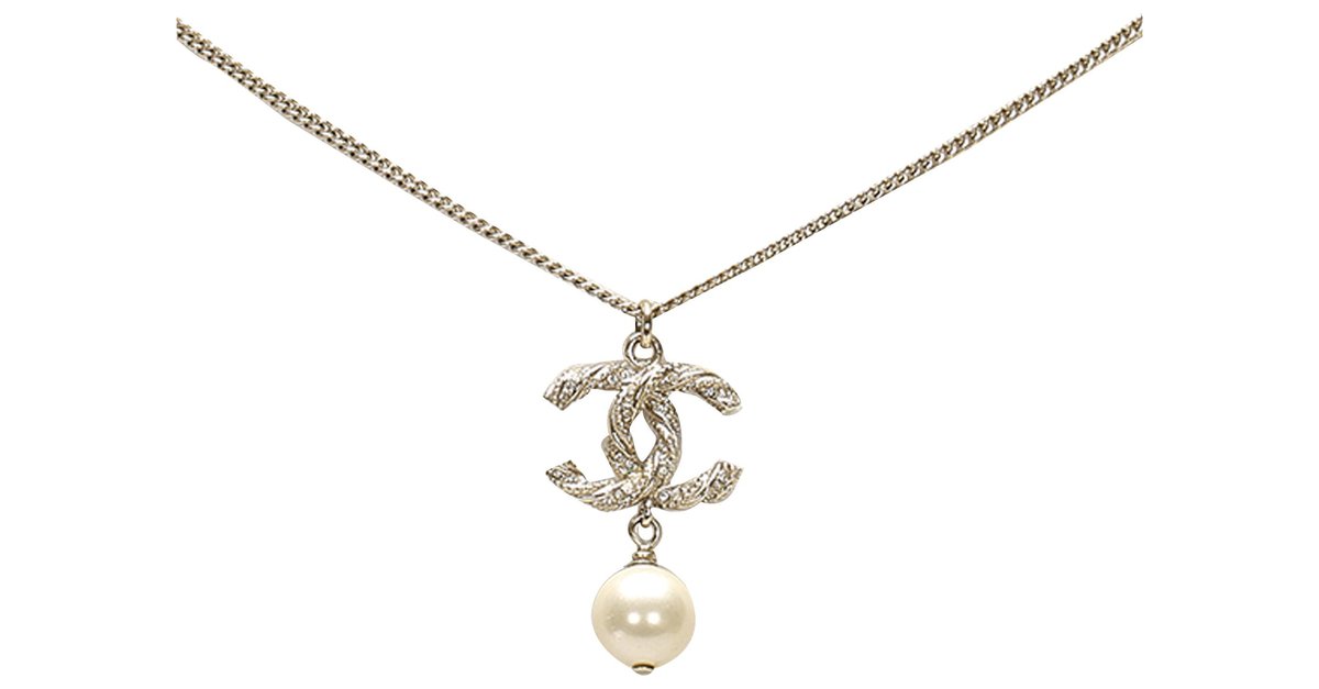 Chanel Silver CC Faux Pearl Necklace Silvery White Metal Plastic