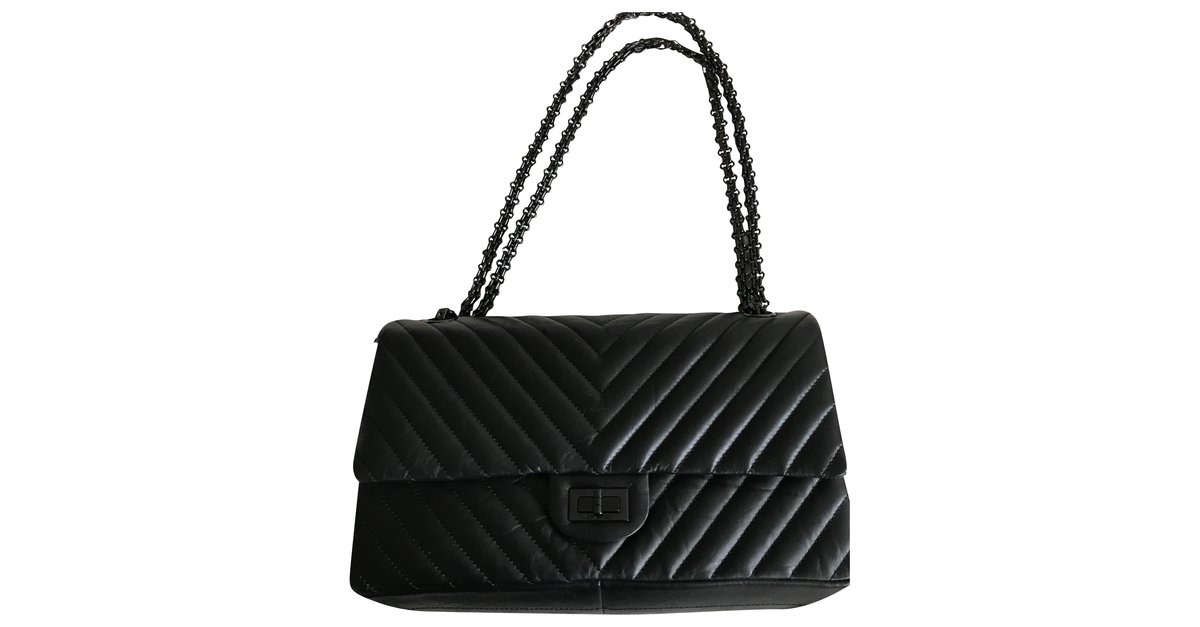 2.55 Chanel Timeless Classic Reissue Chevron SO BLACK Leather ref.264500