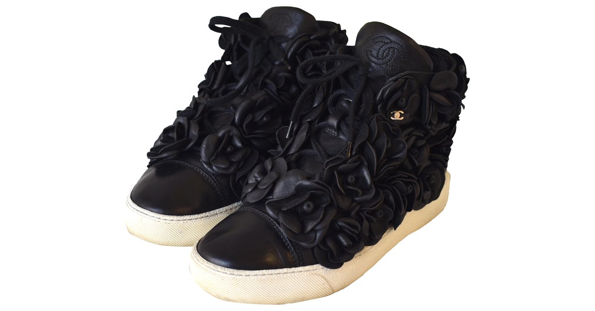 Chanel Camelia Flower Black Sneakers Leather  - Joli Closet