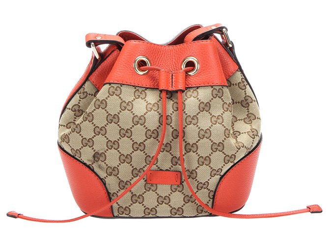 Gucci Brown GG Canvas Drawstring Bucket Bag Beige Orange