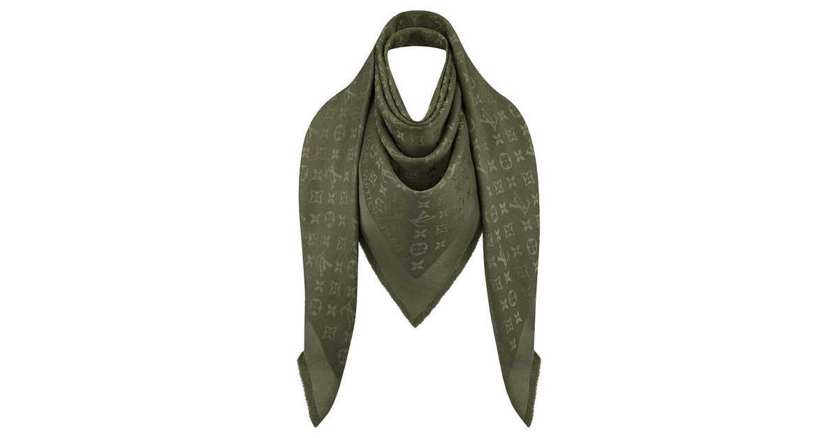 LOFT khaki trench coat with gray Louis Vuitton monogram scarf, 7