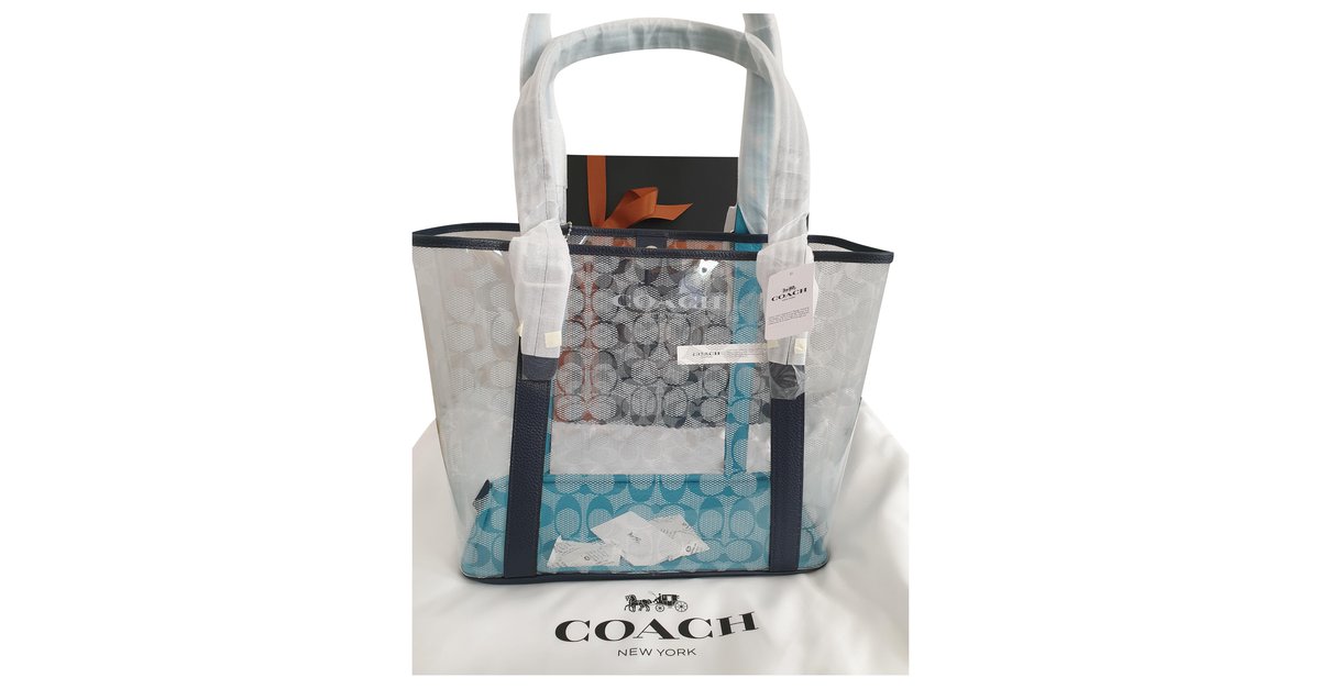 Coach Small Ferry Tote in Signature Clear Canvas Blue Navy blue Silver  hardware Leather ref.273414 - Joli Closet