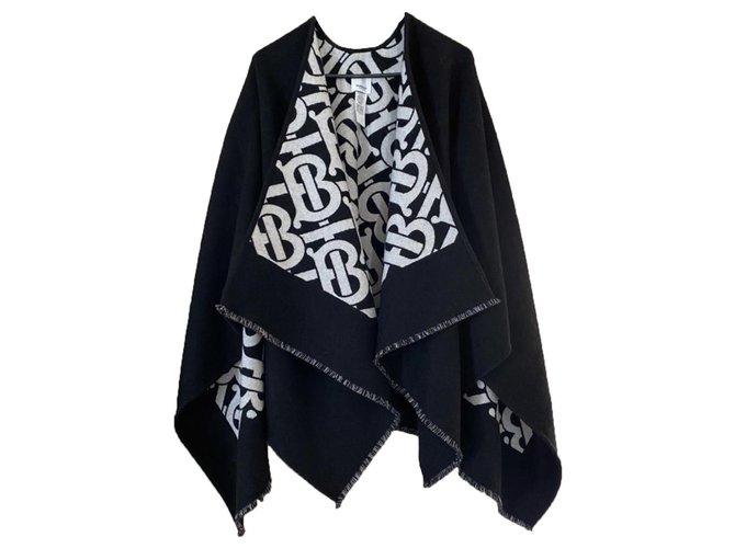 BURBERRY TB London Monogram Jacquard Poncho Cape BLACK WHITE