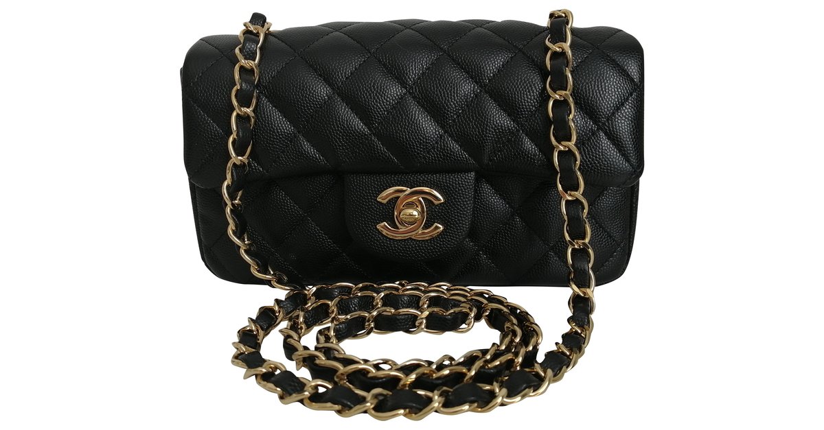 Timeless Chanel mini rectangular bag with black flap in caviar calf leather   - Joli Closet