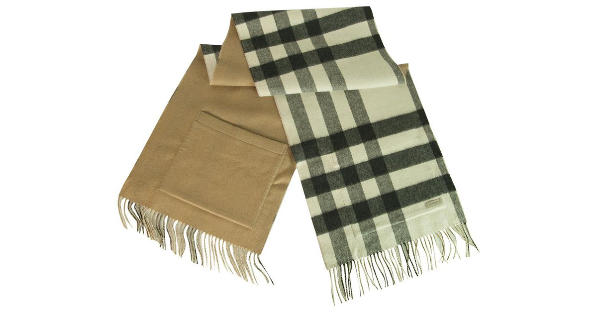 Burberry St Helene Cashmere Blend Reversible Check Large Scarf with patch  pockets Multiple colors Light brown Wool  - Joli Closet