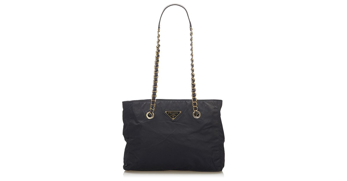 Prada Black Tessuto Tote Bag Leather Pony-style calfskin Nylon Cloth  ref.597781 - Joli Closet
