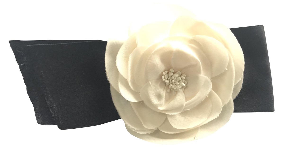 Chanel Black Leather Camellia Flower Pin  Yoogis Closet