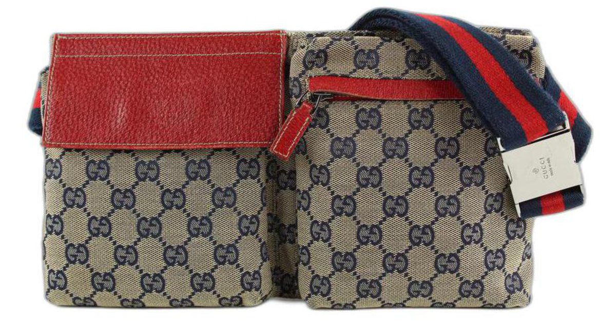 Gucci Red x Navy Monogram GG Belt Bag Waist Pouch Fanny Pack 30g420s