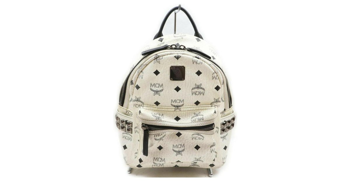 MCM Resnick Backpack In White Logo Nylon In White Logo Smoked Pearl