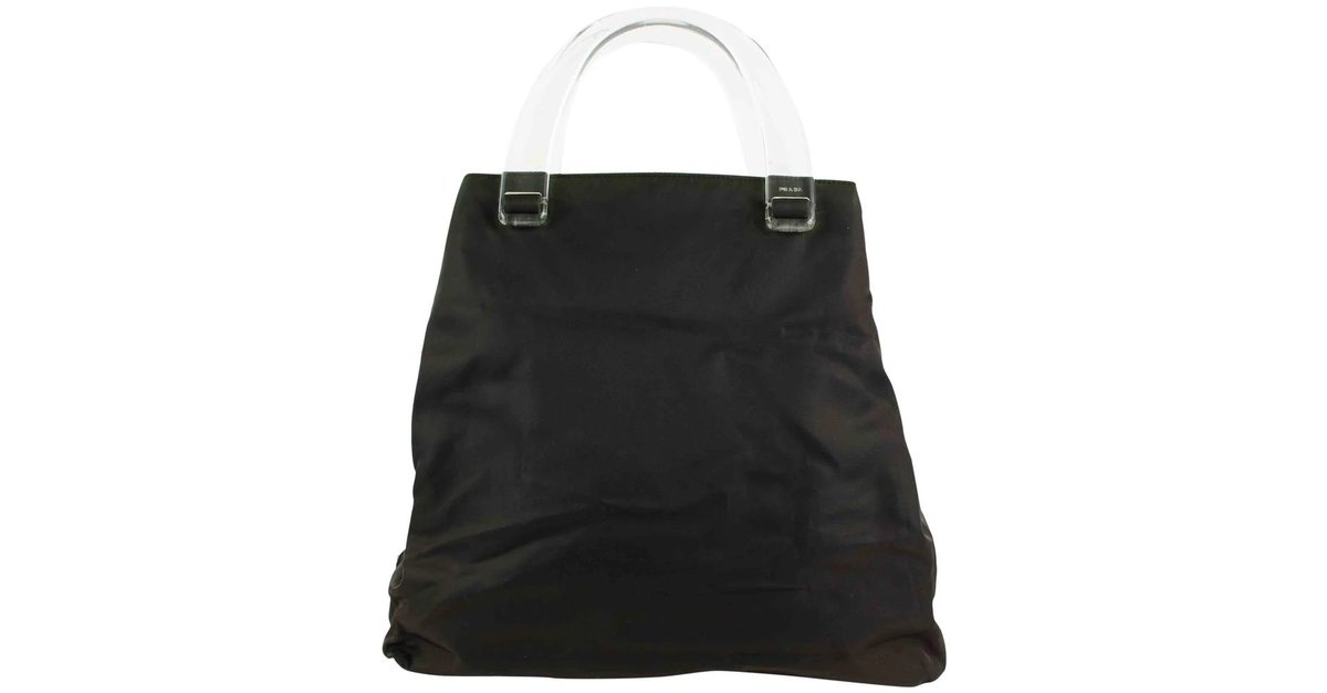 Prada Clear Translucent Handle Black Tessuto Nylon Tote Bag 31pr1223