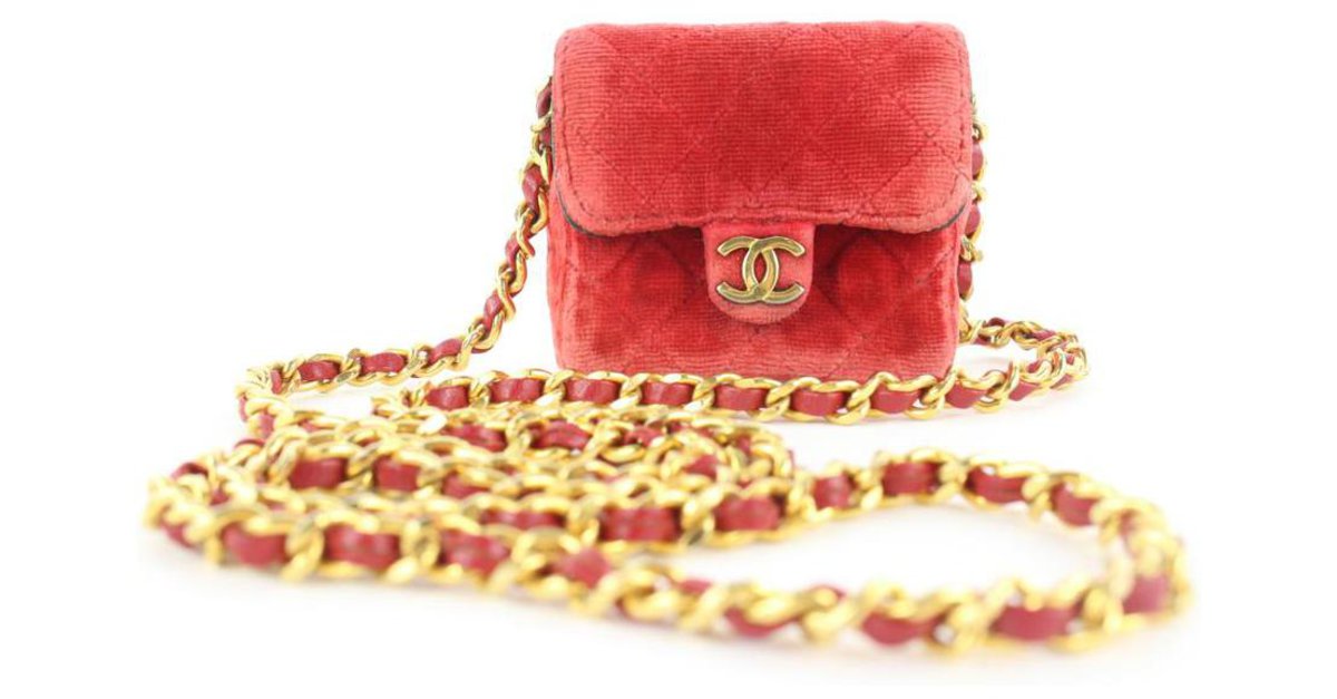 Chanel Micro Quilted Red Mini Classic Flap Chain Bag or Necklace