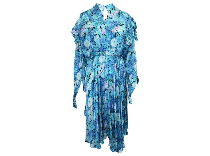 Balenciaga Ruffled Blue Floral Print Dress with Belt Multiple colors Silk  ref.JC300249 (Sold) - Joli Closet