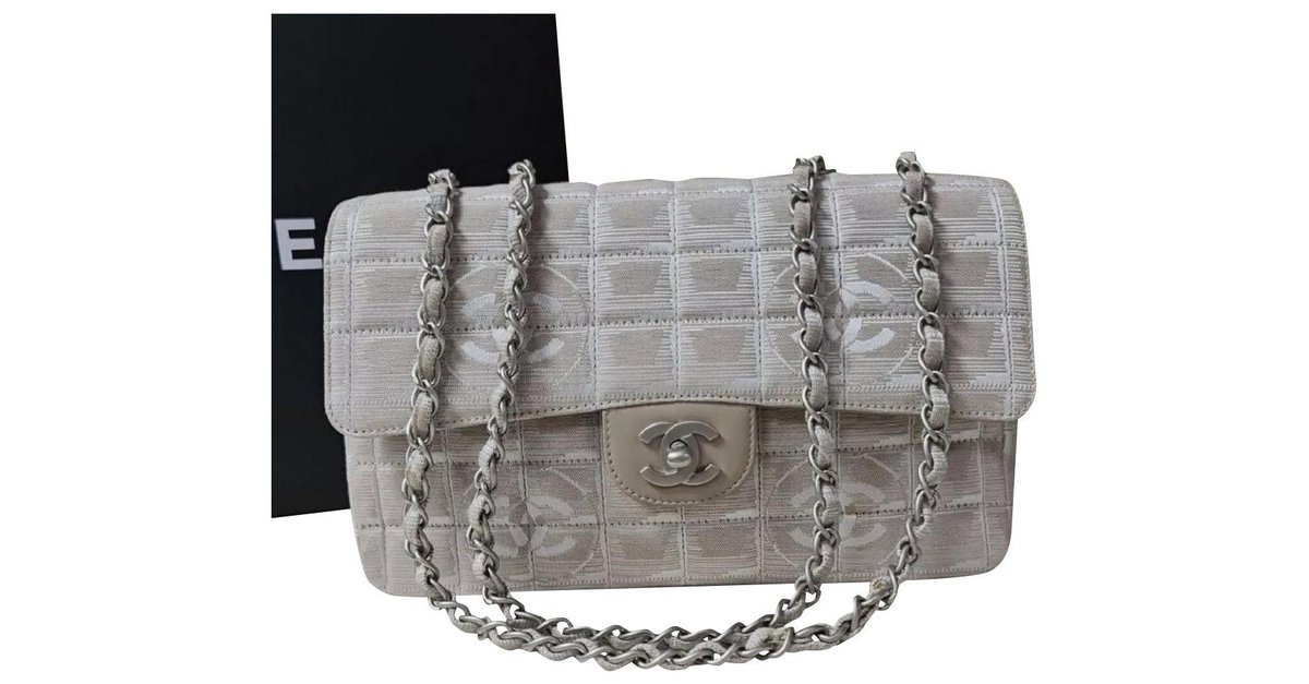 Chanel Classic Flap Travel Line Cc Logo Jacquard 7137 Beige Nylon Shoulder  Bag ref.302543