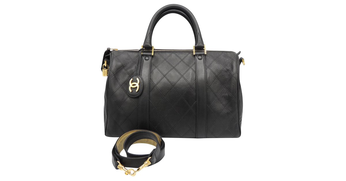Chanel Vintage Chanel Boston Black CC Logo Caviar Leather Boston Bag 