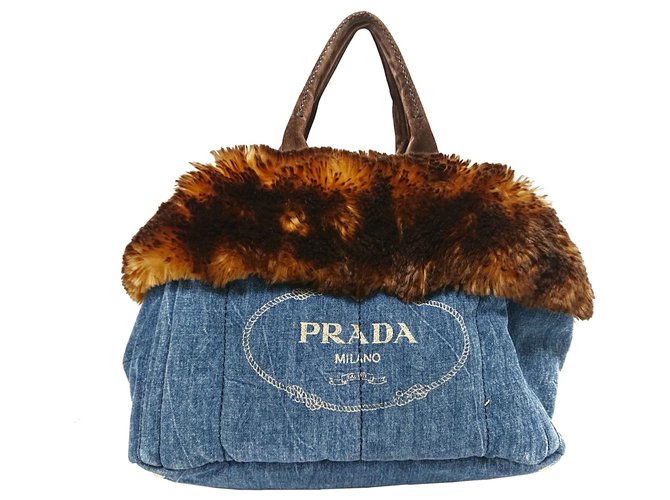 Prada Blue Canapa Logo Denim Tote Bag Brown Suede Leather Cloth