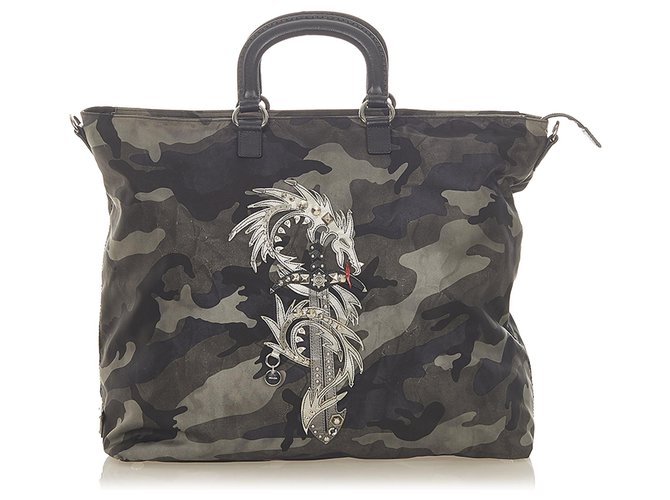 Prada Schwarze Tessuto Camouflage Dragon Tote Bag Grau Leder