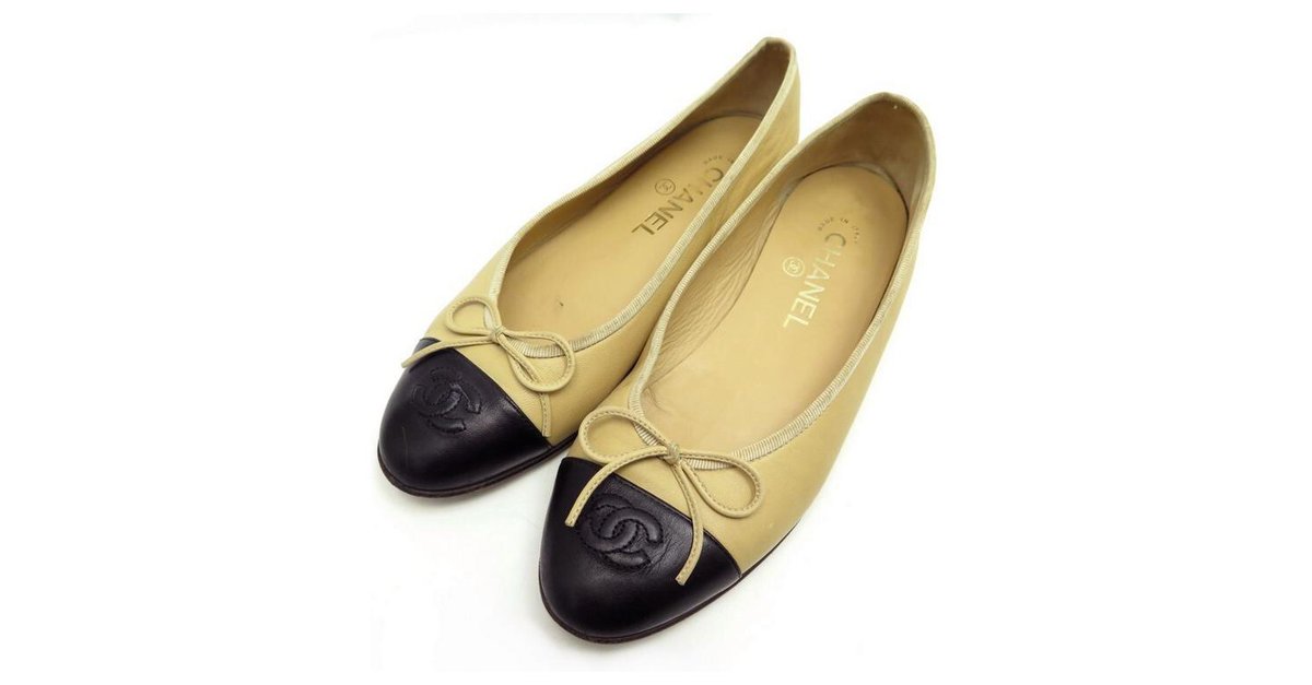 CHANEL LOGO CC G BALLERINAS SHOES02819 37 IN BEIGE LEATHER SHOES ref.312025
