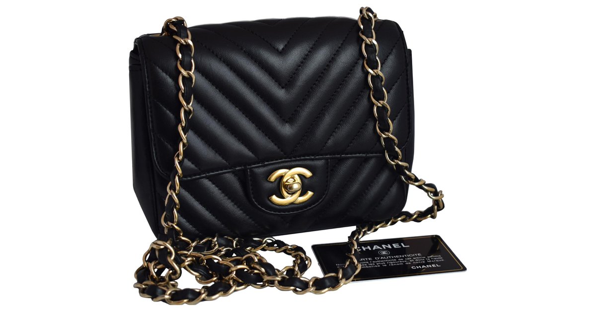 Authentic Chanel Chevron Quilted Mini Flap Bag Black Lambskin Silver  Hardware