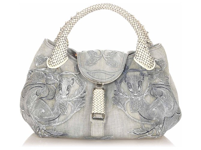 バッグ・カバンその他 Fendi Embroidered Denim Handbag Fendi Pre-Owned 2010-2024 Embroidered Denim Ruffled F Is