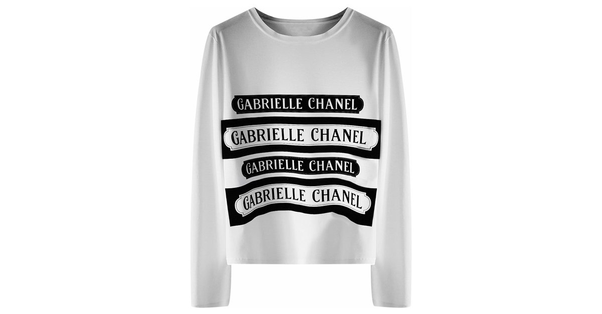 Authentic CHANEL S/S 100% Cotton White T-Shirt w/Black Embossed GABRIELLE  CHANEL