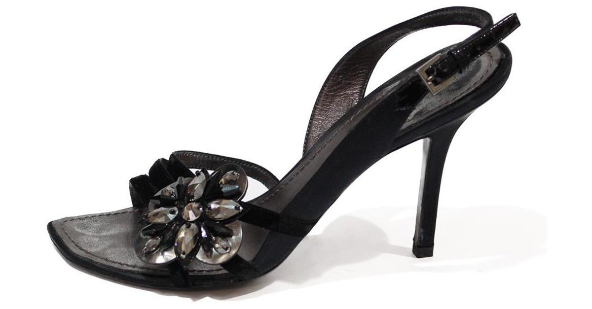 LOUIS VUITTON HIGH HEEL SANDALS IN BLACK FLOWER ORMÉ SATIN IN