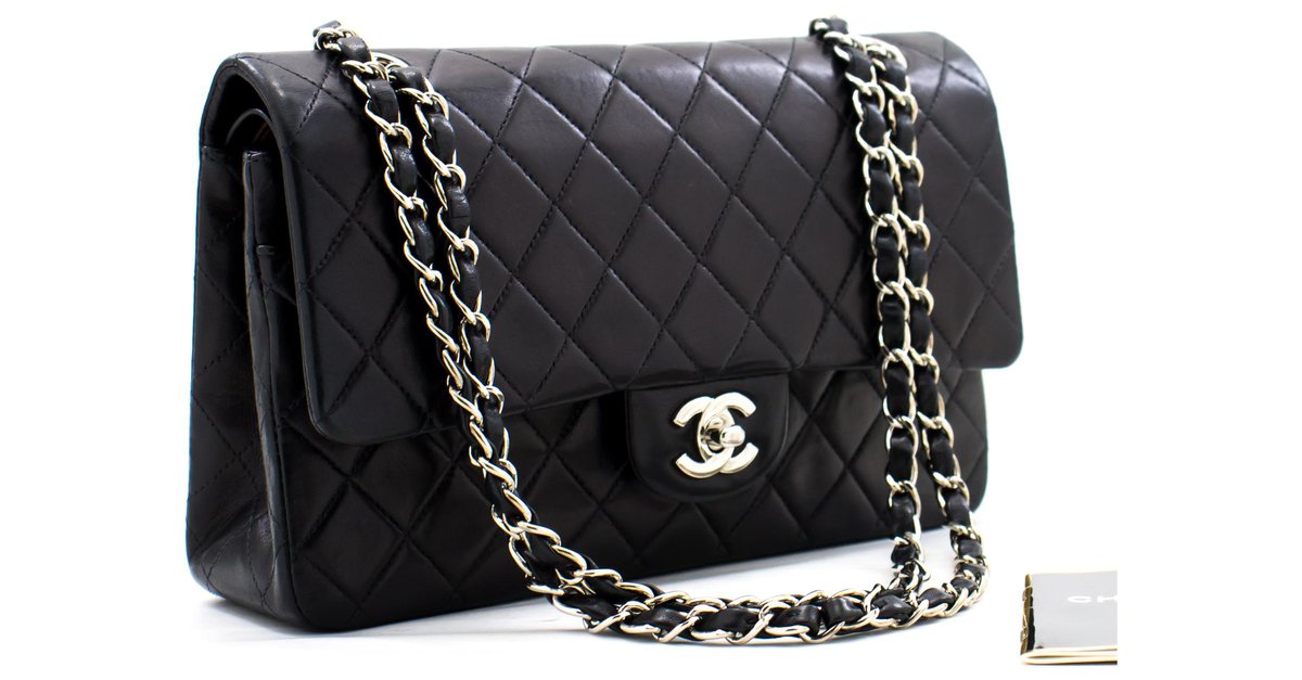 Chanel 2.55 lined Flap Medium Silver Chain Shoulder Bag Black Leather  ref.322893