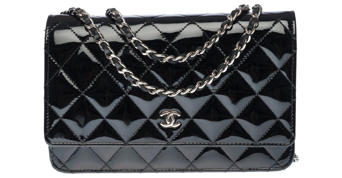Chanel Silver Patent Leather Boy Wallet on Chain WOC Crossbody Bag