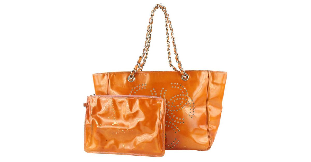 Chanel Black/Orange Perforated Leather CC Chain Tote Chanel