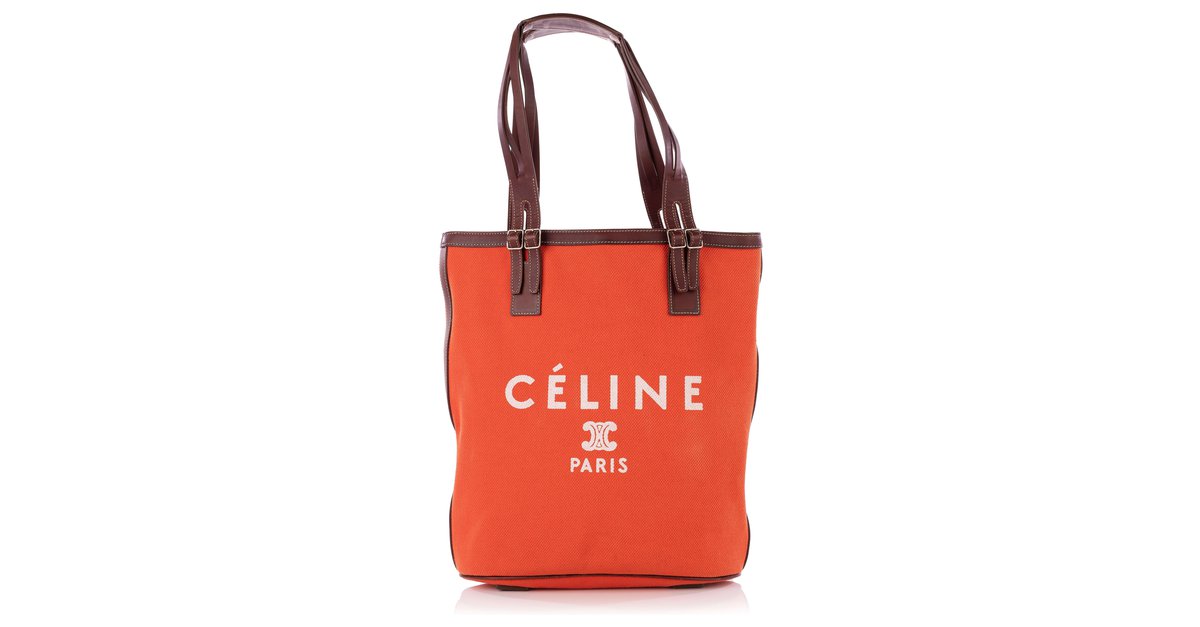 CELINE GREY/BROWN CANVAS TOTE BAG WITH ORANGE LEATHER DETAILS - Still in  fashion