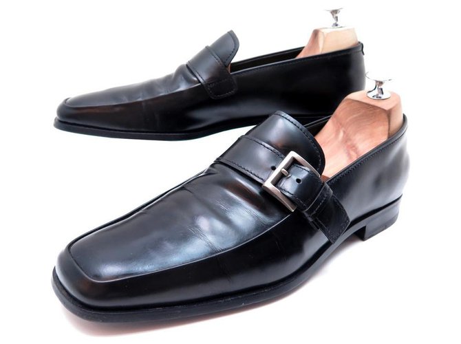 PRADA BUCKLE LOAFERS It 44 FR BLACK LEATHER LOAFERS SHOES ref