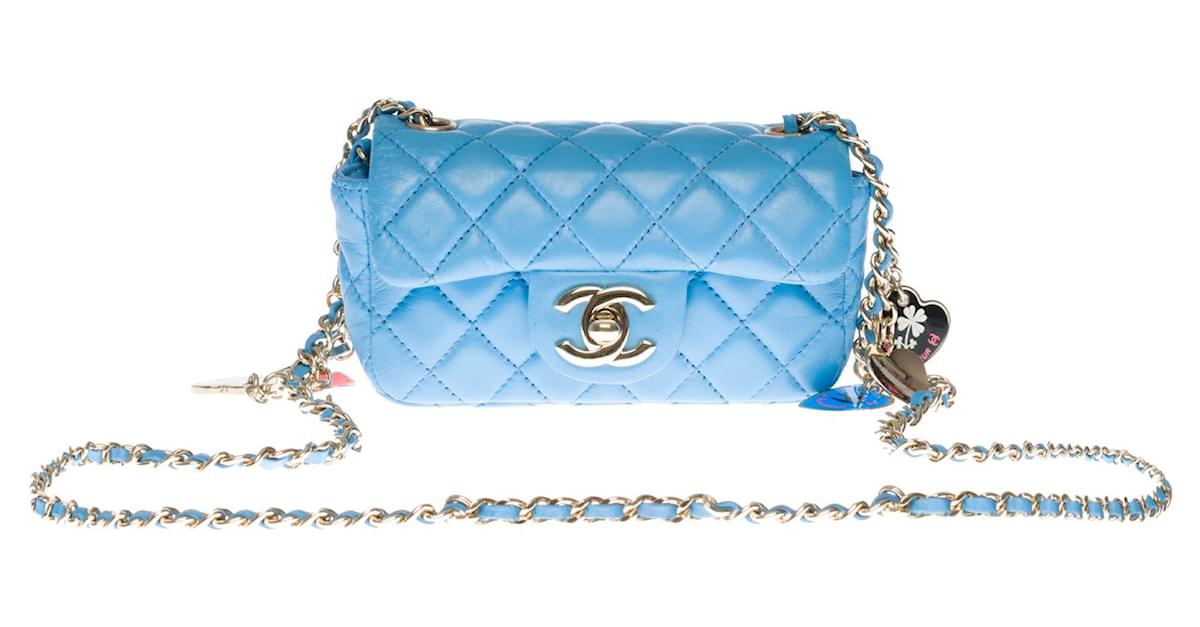 Chanel Medium Blue Quilted Lambskin Valentine Heart Charms Bag