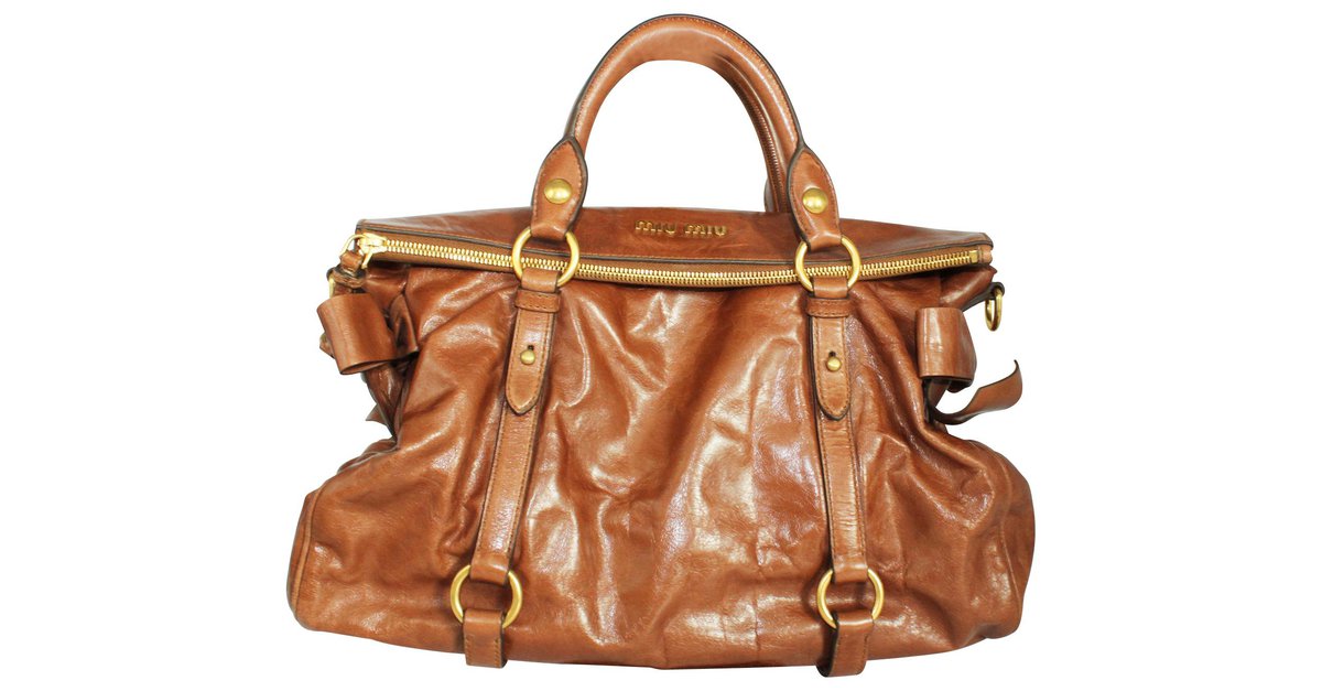 Brown Miu Miu Vitello Lux Bow Satchel Handbag