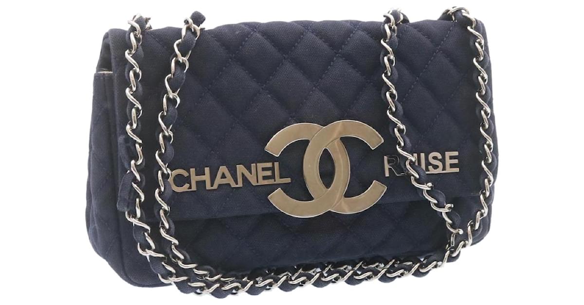 CHANEL Cruise Line Chain Tote Bag Canvas Red Navy CC Auth 53279