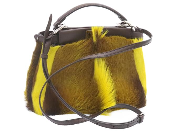 FENDI Mink Fur Peek A Boo 2Way Shoulder Hand Bag Brown Yellow