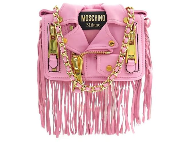 MOSCHINO LITTLE BIKER HANDBAG WITH FRINGED PINK SUEDE