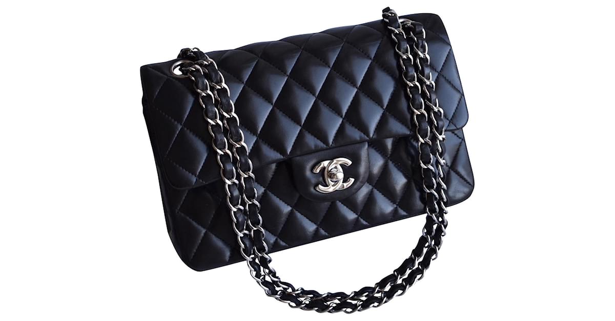 Chanel Timeless Classic Dbl Flap Bag Silver HW 23 cm Black Leather