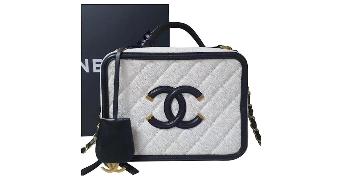 Chanel Black White Caviar Leather CC Vanity Case Bag